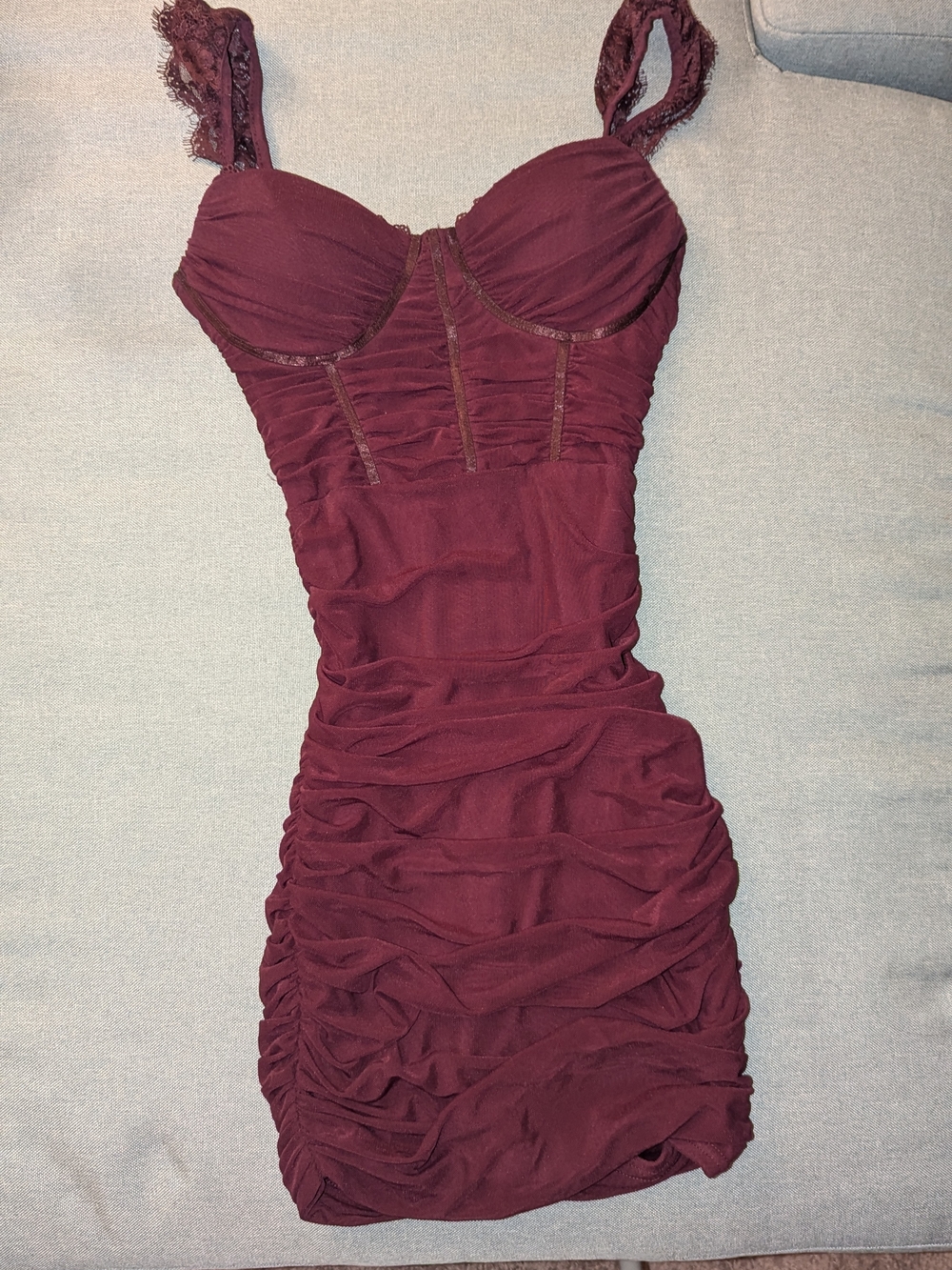 Windsor Burgundy Ruched Bodycon Mini Dress with Lace Straps